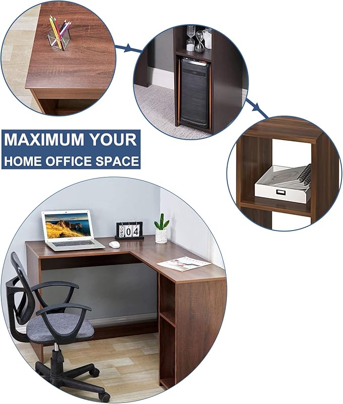 FurnitureR 47.2-Inch L-Shaped Computer Desk Home Office Study Writing Corner Gaming Table Retro Design Work Station Space-Saving for Study Room Bedroom, Walnut - LeafyLoom