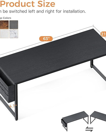 ODK Computer Desk Large Office Desk, 63 Inch Gaming Desk with Storage, Modern PC Desk Work Table with Headphone Hook for Home Office, Black - LeafyLoom