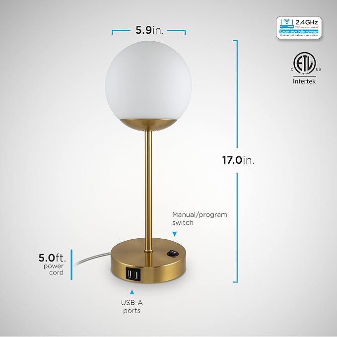 Enbrighten Bedside Decor Lamp Tabletop Wi-FI Dimmable Color Changing Music-Sync 2-Port USB-charging Station 2.4A Dorm Bedroom Home Office Living Room Compatible with Alexa 62433 Brass - LeafyLoom