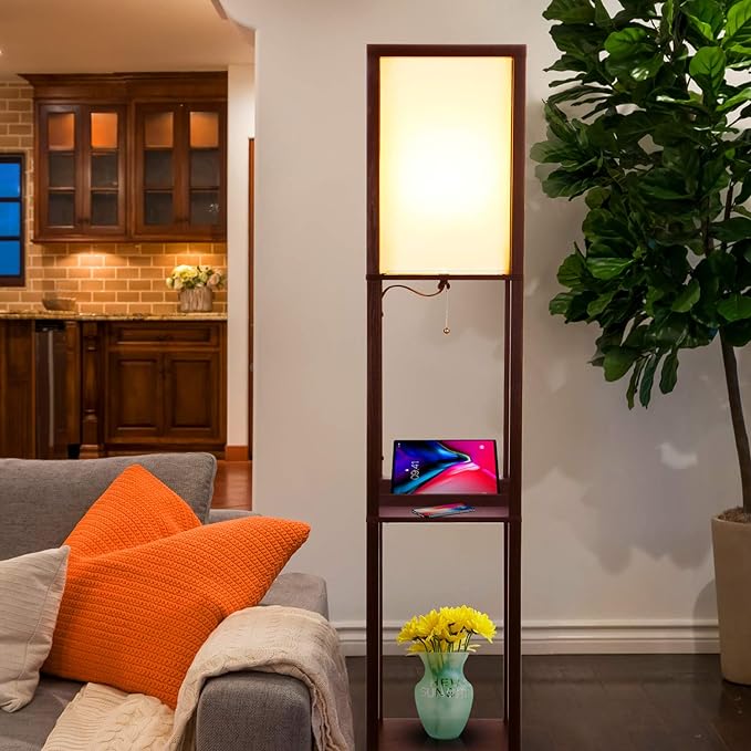 Brightech Maxwell – Modern Shelf Floor Lamp with USB Ports, Wireless Charging & Outlet – Versatile Corner Display and Lamp with Shelves, Storage Solution for Living Room, Office, Bedroom - LeafyLoom