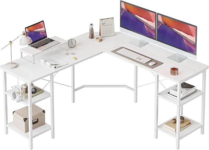 BANTI L Shaped Desk with Shleves, 58 inch Large Corner Desk with Two Storage, Space Saving, Easy to Assemble, White - LeafyLoom