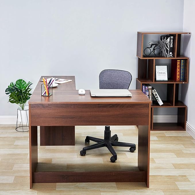 FurnitureR 47.2-Inch L-Shaped Computer Desk Home Office Study Writing Corner Gaming Table Retro Design Work Station Space-Saving for Study Room Bedroom, Walnut - LeafyLoom