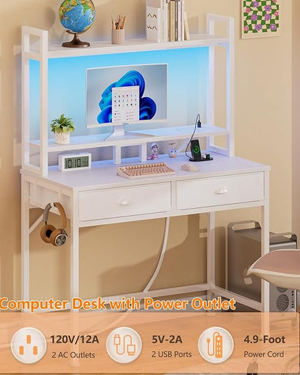 Furologee Small White Computer Desk with Power Outlet and 2 Fabric Drawers, Gaming Desk with LED light, Home Office Desk with Monitor Stand and Hutch for Small Space Working, Study Table with Shelf - LeafyLoom