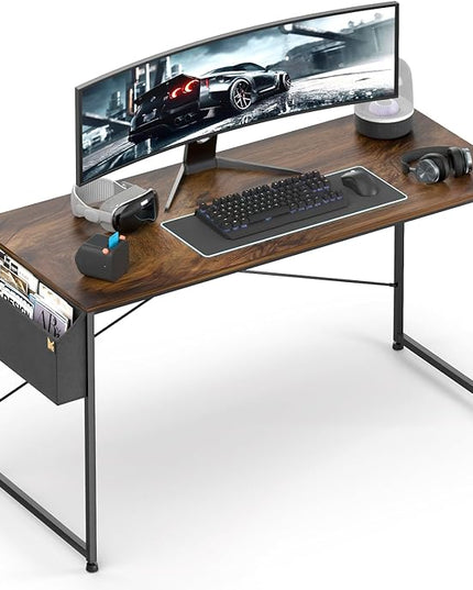MoNiBloom Home Office Gaming Desk, 55 Inches Computer Study Table with A Storage Bag, Rustic Brown - LeafyLoom