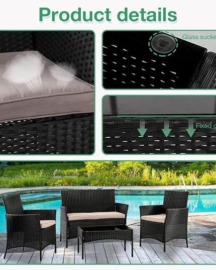Outdoor Patio Furniture Sets 4 Pieces Patio Set Rattan Chair Wicker Sofa Conversation Set Patio Chair for Backyard Lawn Porch Poolside Balcony Garden Furniture Sets with Coffee Table (Black) - LeafyLoom