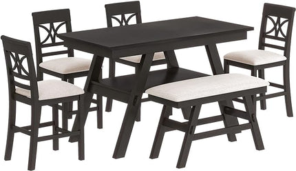 6-Piece Wood Counter Height Dining Table Set with Storage Shelf, Bench and 4 Chairs, for Kitchen, Living Room, Rustic Style, Espresso, 60" L x 30" W x 36" H - LeafyLoom