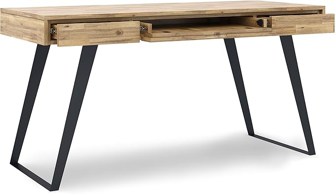 SIMPLIHOME Lowry SOLID WOOD and Metal Modern Industrial 54 inch Wide Home Office Desk, Writing Table, Workstation, Study Table Furniture in Distressed Golden Wheat with 2 Drawers - LeafyLoom
