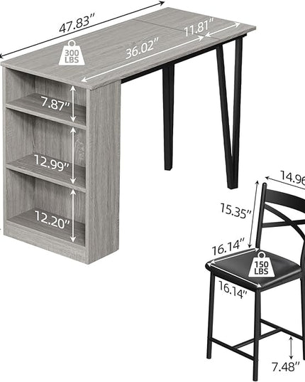 IDEALHOUSE Dining Table Set for 2, Expandable Kitchen Bar Table and Chairs for 2, 3 Piece Counter Height Top Dining Table Set with Upholstered Chairs Storage for Small Space, Black (Grey) - LeafyLoom