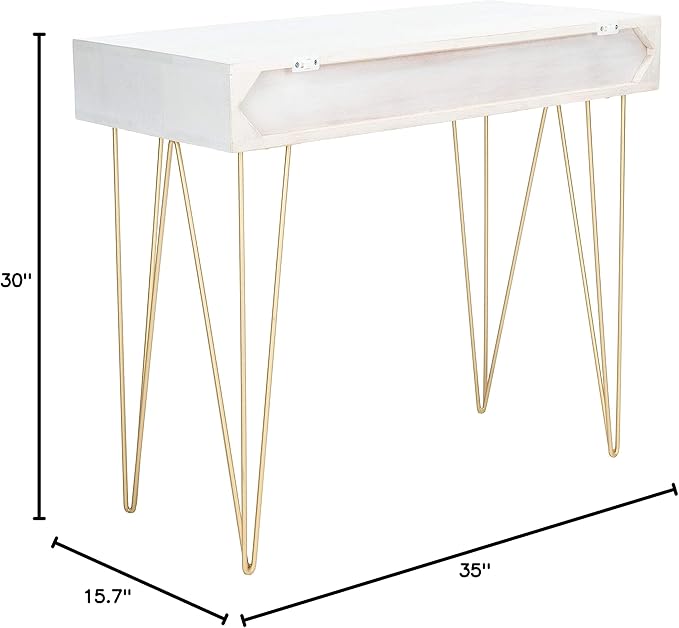 Safavieh Home Office Collection Marigold White Wash and Brass 1-Drawer Hairpin Leg Desk, 0 - LeafyLoom