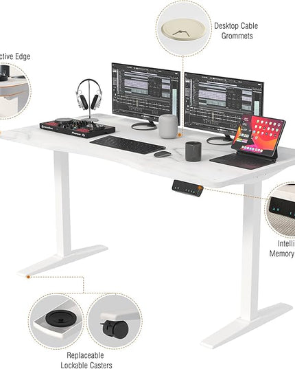Monomi Height Adjustable Electric Standing Desk, 55 x 28 Inches Stand up Desk, Sit Stand Home Office Computer Desk(White Frame+Marble White Top) - LeafyLoom