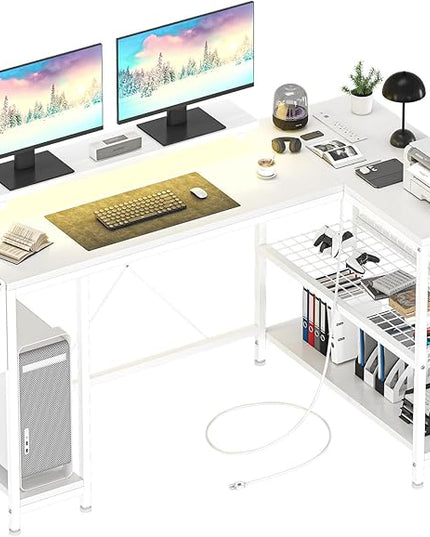 L Shaped Computer Desk with Power Outlets & LED Light, 49.6" Reversible Corner Computer Desk with Storage Shelves & Monitor Stand, Home Office Desk, Gaming Desk, Writing Desk (White) - LeafyLoom