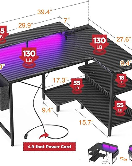 ODK 40 Inch Gaming Desk with USB Power Outlets and LED Lights, Reversible L Shaped Computer Desk with Storage Shelves & Monitor Stand, Corner Home Office Desk Table, Carbon Fiber Surface, Black - LeafyLoom