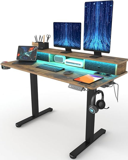Electric Adjustable Standing Desk, Sit Stand Desk with Power Outlets & LED Lights 48”Adjustable Height Standing Desk with Drawers Adjustable Table Desk Riser for Home Office - LeafyLoom