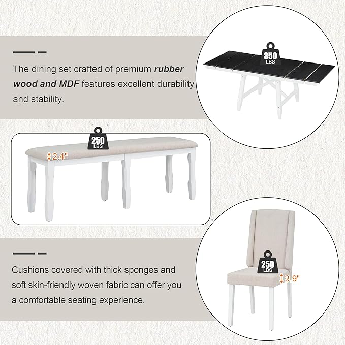 6-Piece Wooden Extendable Dining Table Set with two 12" W Removable Leaves and 4 Upholstered Chairs & 1 Bench for Kitchen Room, White+Black - LeafyLoom
