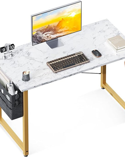 ODK Computer Desk, 40 Inch Small Study Desk, Office Desk with Storage, Work Table with Headphone Hook for Small Space Home Office, White Marble + Gold Leg - LeafyLoom