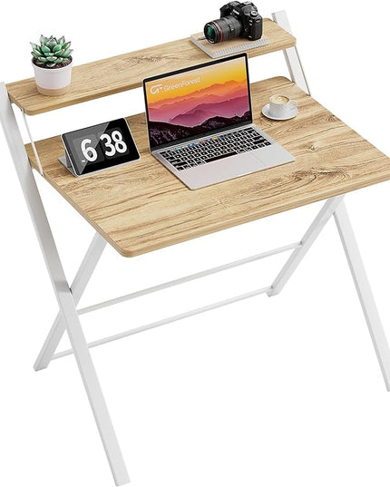 GreenForest Folding Desk No Assembly Required Large Size, 2-Tier Foldable Computer Desk with Shelf for Home Office, Space Saving Portable Laptop Study Foldable Table for Bedroom, Oak - LeafyLoom
