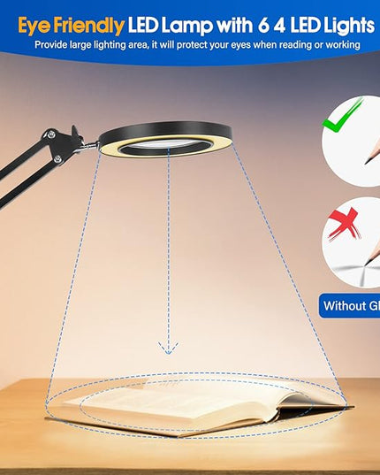 64 LED USB 10X Magnifying Desk Lamp with Clamp, Desk Hands-free Lighted Magnifier with 3 Color Modes, 10 Level Dimmable and Flexible Gooseneck for Reading Craft Sewing Repair Close Work Beauty - LeafyLoom