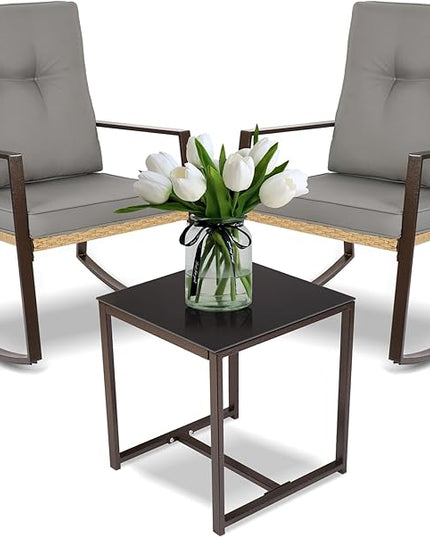YIYAN 3 Piece Bistro Set Outdoor Patio Rocking Wicker Chairs, Patio Outdoor Furniture Conversation Sets with Porch Chairs,Coffee Table and Washable Cushion(Gray) - LeafyLoom