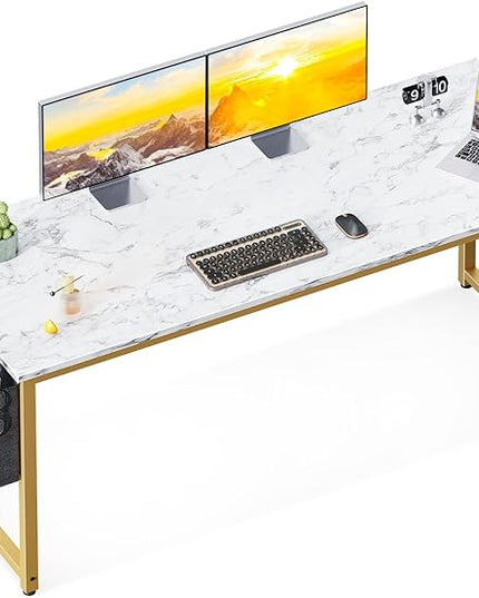 ODK Computer Desk Large Office Desk, 63 Inch Writing Desk with Storage, Modern PC Desk Work Table with Headphone Hook for Home Office, White Marble + Gold Leg - LeafyLoom