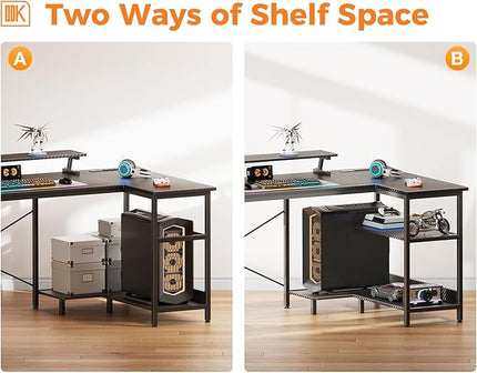 ODK 48 Inch Gaming Desk with USB Charging Ports and LED Lights, Reversible L Shaped Computer Desk with Storage Shelves & Monitor Stand, Corner Gamer Desk Table with Power Outlets, Carbon Fiber Black - LeafyLoom