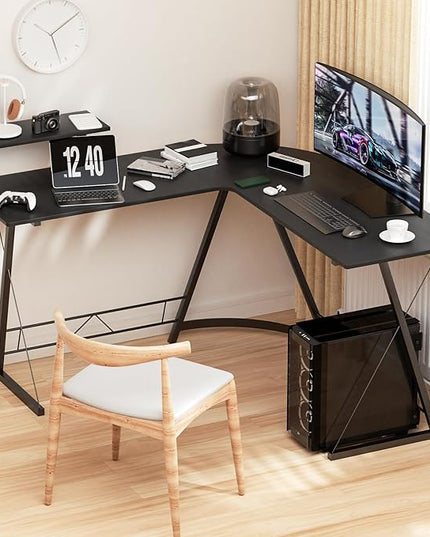 MoNiBloom L Shaped Gaming Desk Computer Corner Table with Metal Frame, L Desk Workstation for Home Office, Space-Saving, Black - LeafyLoom