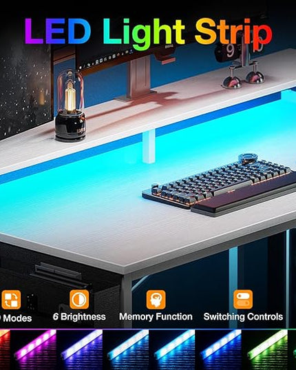 ODK 40 Inch Gaming Desk with USB Charging Ports and LED Lights, Reversible L Shaped Computer Desk with Storage Shelves & Monitor Stand, Corner Home Office Desk Table with Power Outlets, White - LeafyLoom