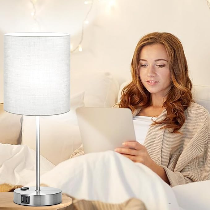 ๐ฎ๐ฌ๐ฎ๐ฏ ๐ก๐๐ช Set of 2 Touch Grey Table Lamps with 2 USB Ports & AC Outlet, 3-Way Dimmable Bedside Nightstand Lamps for Bedroom Living Room Nursery, 800 Lumens 5000K Daylight Bulbs Included - LeafyLoom