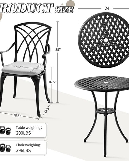 3 Piece Patio Bistro Set with Cushions, Outdoor Bistro Table and Chairs Set of 2 with Umbrella Holes, All Weather Bistro Table Set for Garden Porch Pools - LeafyLoom