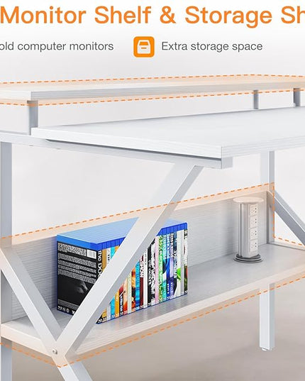 ODK Small Computer Desk, 27.5 inch Desk for Small Spaces with Storage, Compact Table with Monitor & Storage Shelves for Home Office, Modern Style Laptop Desk, Pure White - LeafyLoom
