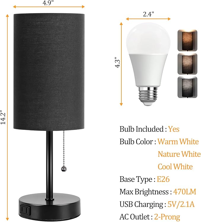 Dott Arts Table Lamp for Bedroom, 3-Color Bedside Lamps with Pull Chain, Bedroom Table Lamps for Nightstand,Small Lamp for Living Room, Bulb Included Black - LeafyLoom