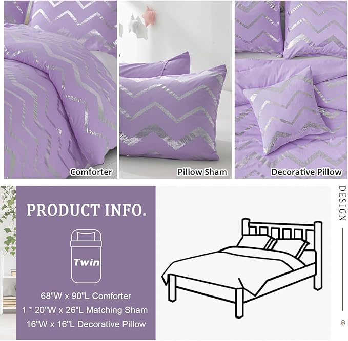 Purple/Silver Comforter Set Twin, Lavender Metallic Print Glitter Bedding Set Cute Shinny Lilac Bed Sets for Teen Girls Kids Women, 3 Piece (1 Pillowcase, 1 Decorative Pillow Sham) - LeafyLoom