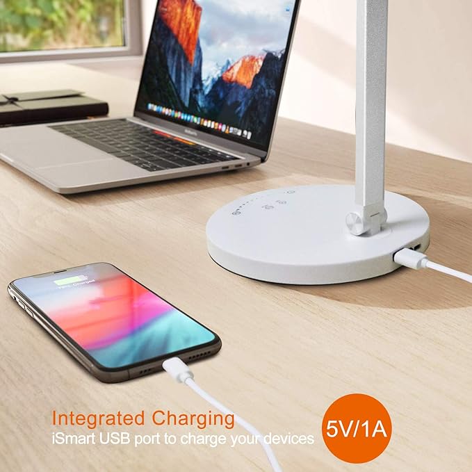 LED Desk Lamp, Aluminum Table Lamp, Dimmable Eye-Caring Table Lamp with 5 Lighting Models with 5 Brightness Levels, Touch Control and Memory Function, USB Charging Port, 8W, White…… - LeafyLoom
