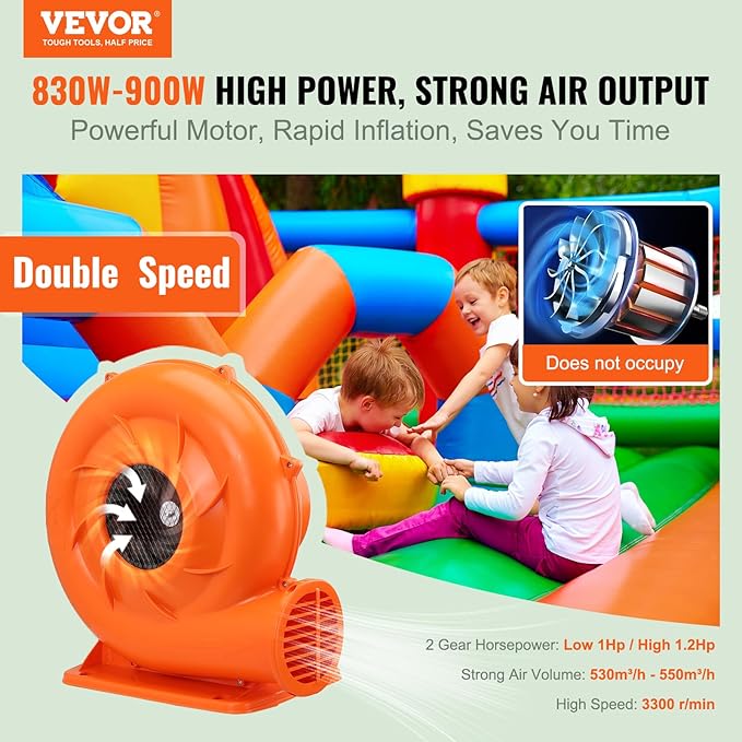 VEVOR Air Blower, 2-Speed Inflatable Blower, 1HP and 1.2HP, Portable and Powerful Bounce House Blower, Commercial Bouncy Castle Electric Blower, Used for Inflatable Bouncy Castle and Jump Slides - LeafyLoom