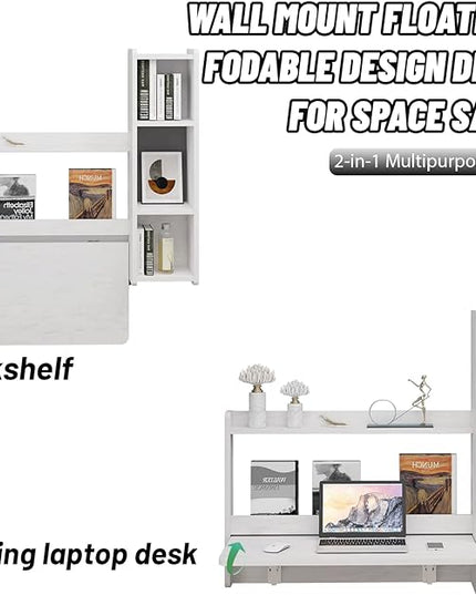 Pmnianhua Floating Desk,41'' Wall Mounted Desk Fold Down Laptop Desk Folding Space Saving Table Workstation with Storage Shelves for Bedroom Study Room Small Space (Off White-Right) - LeafyLoom