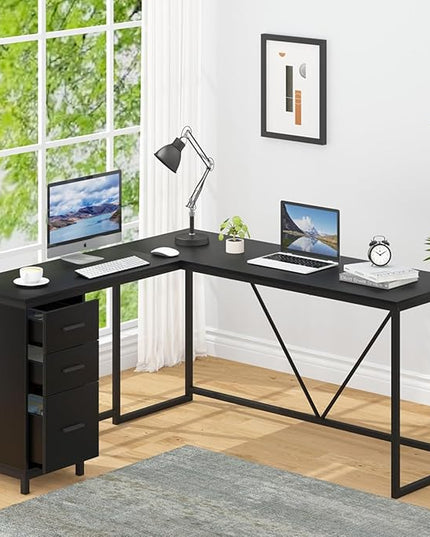 HSH Large Black L Shaped Desk, Corner Wood Computer Desk with Drawer, Modern Work Home Office Desk with Storage Cabinet, Industrial Executive PC Study Writing Desk for Living Bedroom, Black, 59 Inch - LeafyLoom