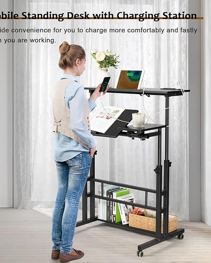 Hadulcet Stand Up Desk, Rolling Desk Adjustable Height, Mobile Standing Desk with Wheels & Charging Station, Portable Desk for Laptop, Rolling Computer Cart TV Tray, Small Standing Desk Drawing Desk - LeafyLoom
