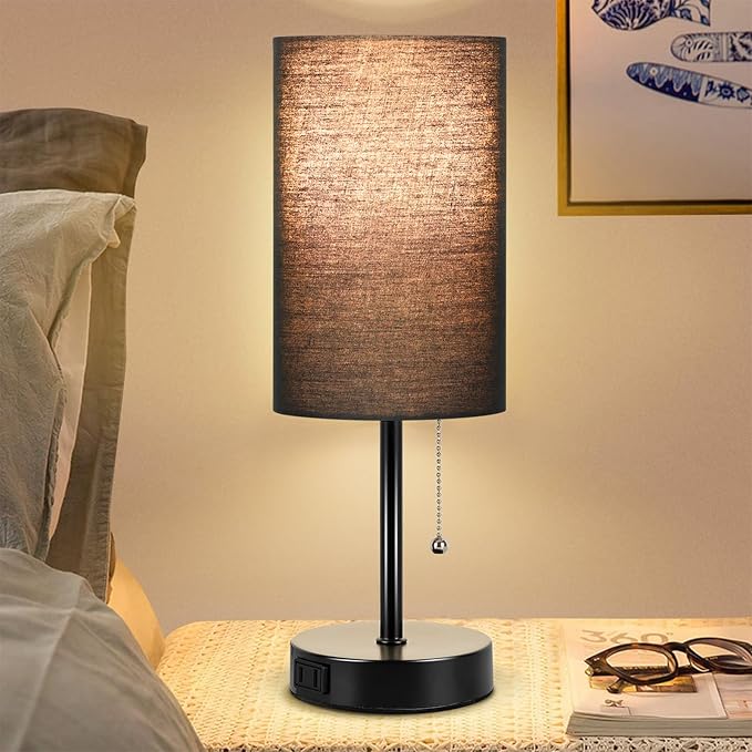 Dott Arts Table Lamp for Bedroom, 3-Color Bedside Lamps with Pull Chain, Bedroom Table Lamps for Nightstand,Small Lamp for Living Room, Bulb Included Black - LeafyLoom
