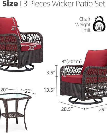 IDEALHOUSE 3 Pieces Outdoor Wicker Swivel Rocker Patio Set, 360-Degree Swivel Rocking Chair Elegant Wicker Patio Bistro Set with Tempered Glass Top Side Table (Red) - LeafyLoom
