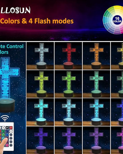 FULLOSUN Jesus Cross 3D Night Light, Christ Optical Illusion Lights 16 Colors Change with Remote Control, The Lord Desk Lamps Room Home Decor Xmas Birthday Easter Gifts - LeafyLoom