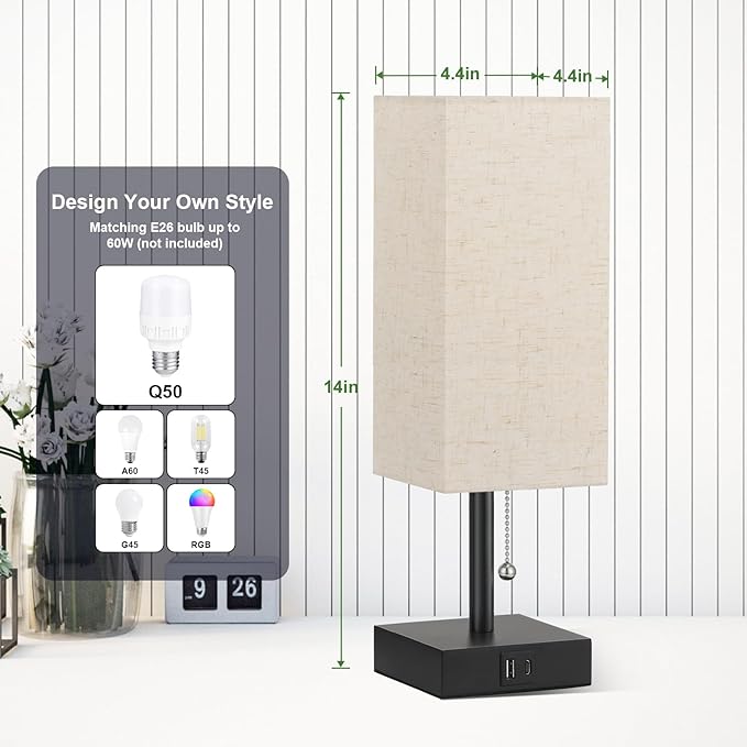 aooshine Bedside Lamps Set of 2 - Beige, USB A and USB C Charging, Pull Chain Control, Bulb NOT Included, Small - LeafyLoom