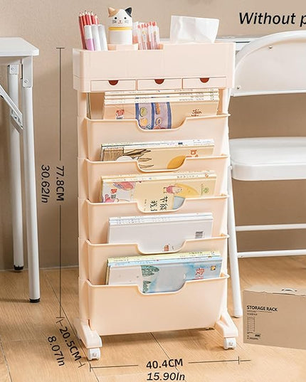 6 Tier Rolling Cart,Open Bookcase and Bookshelf,Mobile Bookshelf with Wheels 3 Drawer,Storage Shelving Display Shelves,Narrow Rolling Storage Cart for Living Room, Bedroom, Kitchen (Pink) - LeafyLoom