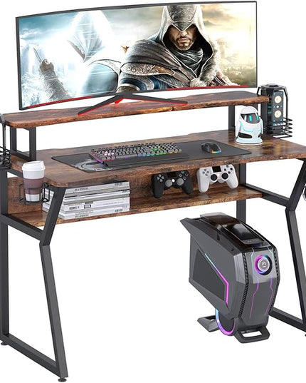 Gaming Desk, Computer Desk with Large Monitor Stand and Open Shelf, PC Laptop Gamer Table Workstation with Cup Holder, Headphone Hook, 2 Speaker Stand for Home Office (Rustic Brown) - LeafyLoom