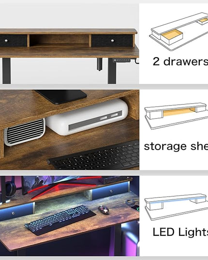 Electric Adjustable Standing Desk, Sit Stand Desk with Power Outlets & LED Lights 48”Adjustable Height Standing Desk with Drawers Adjustable Table Desk Riser for Home Office - LeafyLoom