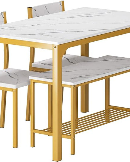 DlandHome Dining Table with 2 Chairs and 1 Bench Dining Room Sets Dining Table and Chairs Set,Rectangular Space-Saving Dinner Table with Two Benches for Kitchen,Golden - LeafyLoom