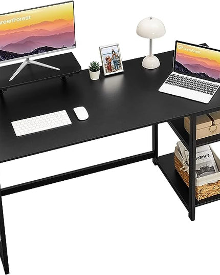 GreenForest Computer Home Office Desk with Monitor Stand and Storage Shelves on Left or Right Side,47 inch Modern Writing Study PC Laptop Work Table,Black - LeafyLoom
