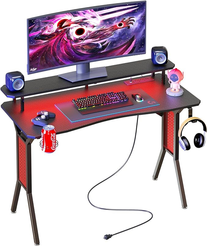 Gaming Desk with Power Outlets & LED Strip Lights,Computer Desk with Large Monitor Stand, Gamer Workstation with Stylish Metal Legs,Headphone Hook&Cup Holder for Home Office - LeafyLoom