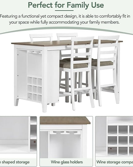 RITSU Modern 5-Piece Dining Set, Multi-Functional Counter Height Dinette Suit with Padded Chairs and Integrated 9 Bar Wine Compartment, Wineglass Holders for Home Kitchen, Brown+White Wash - LeafyLoom