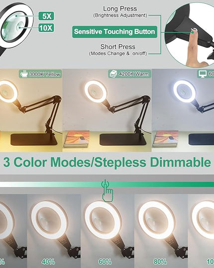 5X & 10X Magnifying Glass with Light and Stand, NAKOOS 2-in-1 Magnifying Lamp with Clamp, 3 Color Modes Touch Control Stepless Dimmable Magnifiers with Stand for Soldering DIY and Close Work - LeafyLoom