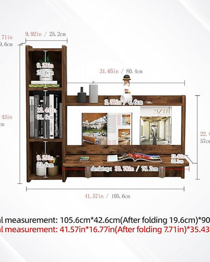 Pmnianhua Farmhouse Floating Desk,41''Wall Mounted Desk,L Shaped Folding Table,Fold Down Laptop Computer Desk with Storage for Wall Bedroom Small Space (Rustic Brown-Left) - LeafyLoom