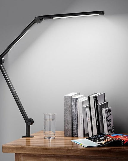 LED Desk Lamp with Clamp, Adjustable Swing Arm, Dual Light Sources, Stepless Dimming, Modern Table Light for Home Office, Work, Study, Flexible, Eye-Caring Clip-on Desk Light - LeafyLoom